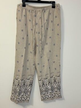 Briggs New York Large Tan Cropped Linen Blend Pants Black White Paisley Floral